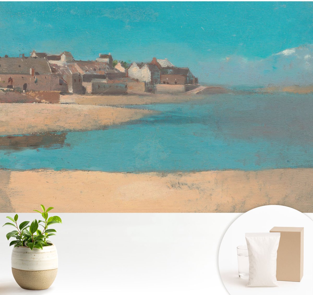 Wallfluent Fotobehang - Blauw Vliesbehang - 104x70 cm - Een Rustig Dorp Muurschildering - Gang behang Landschappen - Fotobehang Vlies - Gang behang