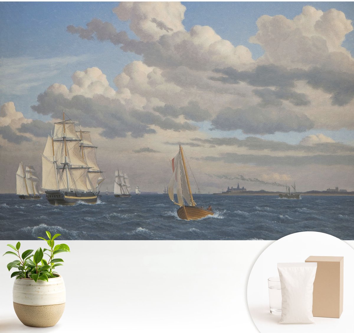 Wallfluent Fotobehang - Grijs Vliesbehang - 104x70 cm - Zeeavontuur Fotobehang Vlies - Woonkamer behang Landschappen - Muurschildering - Hal behang
