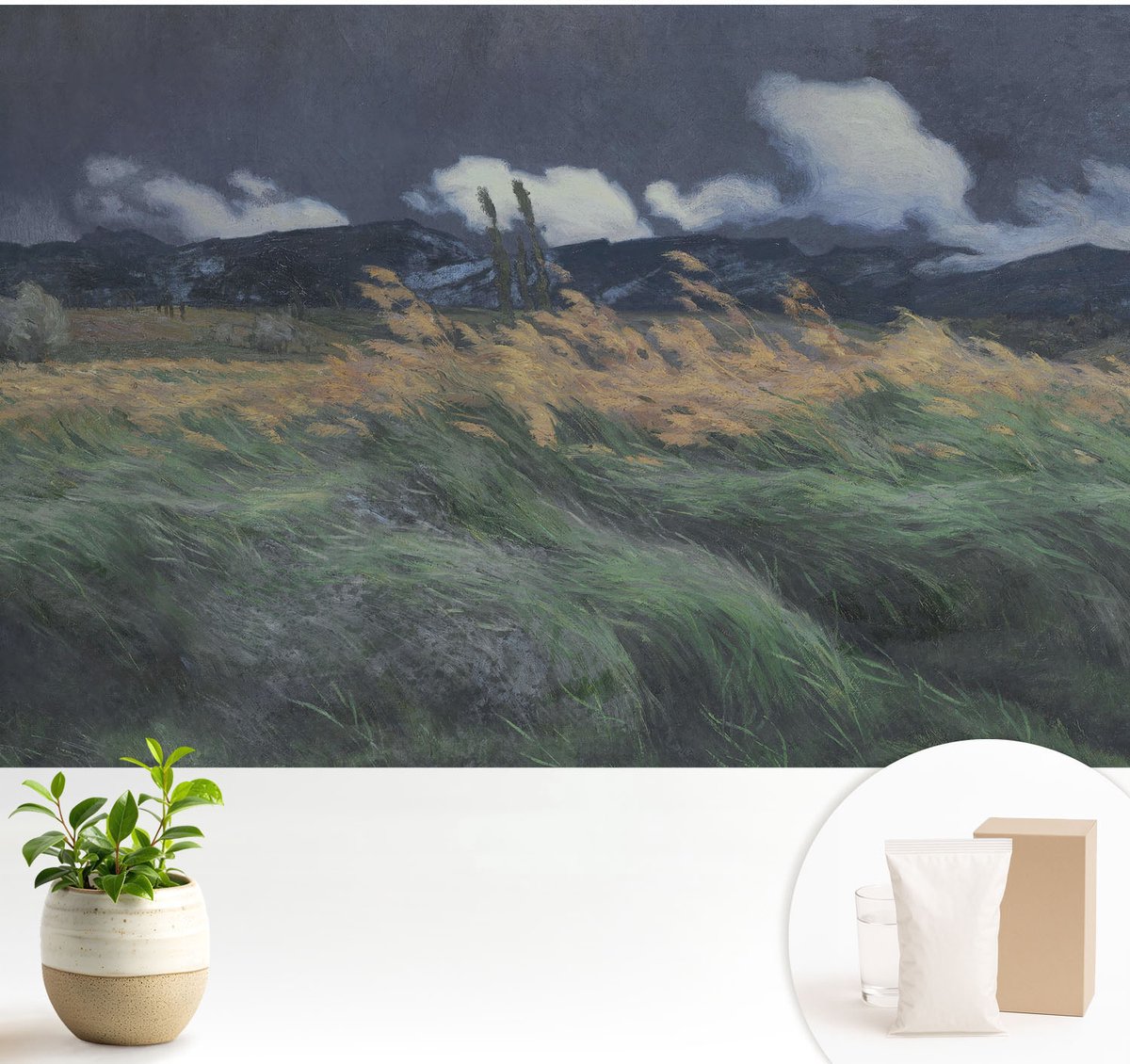 Wallfluent Fotobehang - Grijs Vliesbehang - 104x70 cm - Door De Wind Meegevoerde Grassen Muurschildering - Gang behang Landschappen - Fotobehang Vlies - Slaapkamer behang