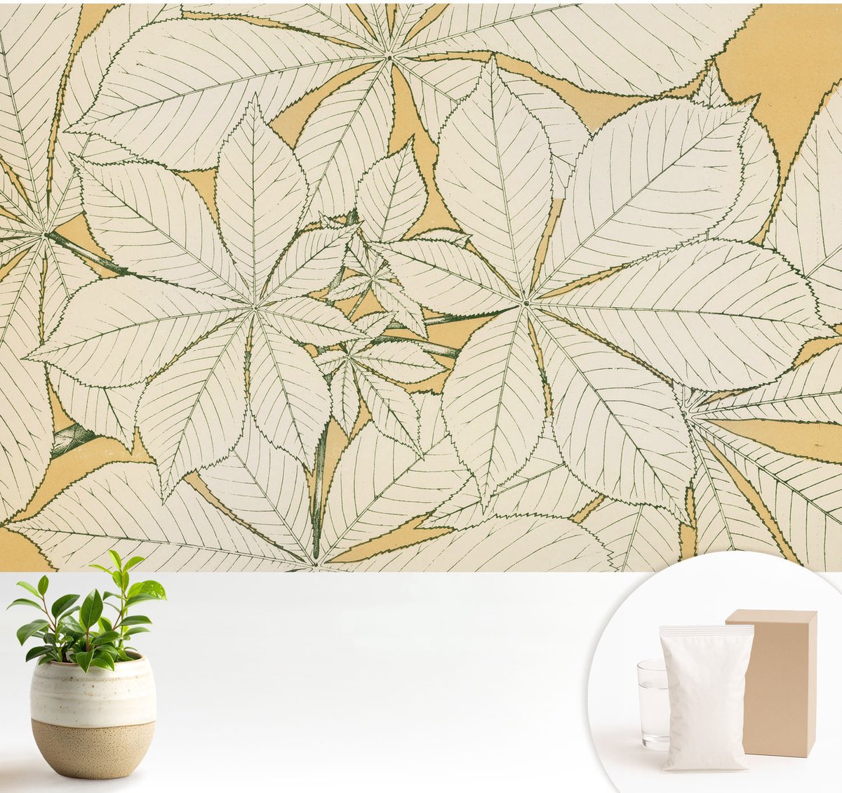 Wallfluent Fotobehang - Beige Vliesbehang - 104x70 cm - Kastanjebladeren Muurschildering - Gang behang Bloemen En Planten - Fotobehang Vlies - Slaapkamer behang
