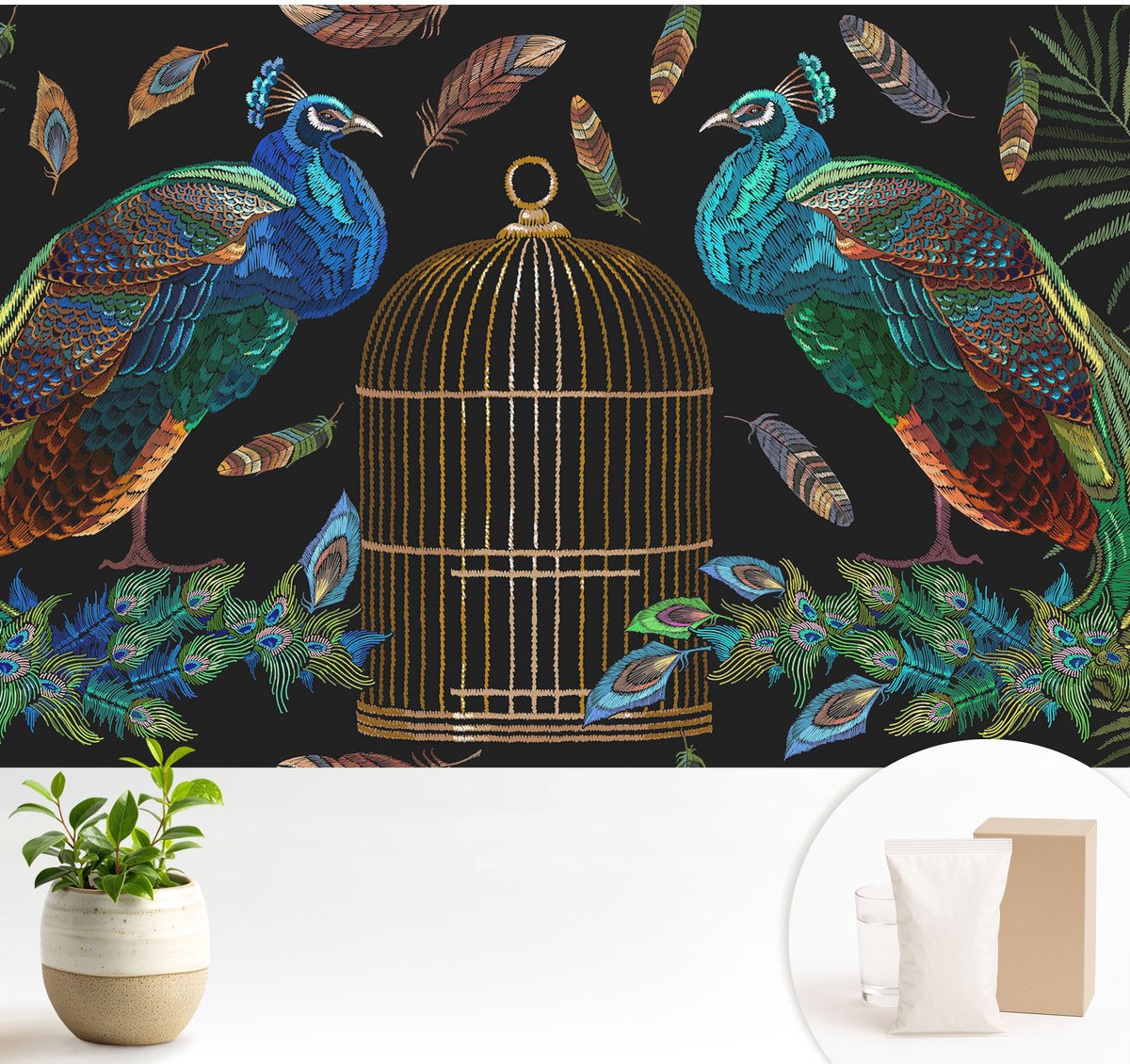 Wallfluent Fotobehang - Zwart Vliesbehang - 104x70 cm - Afbeelding Van Een Pauw Fotobehang Vlies - Hal behang Dieren - Muurschildering - Woonkamer behang