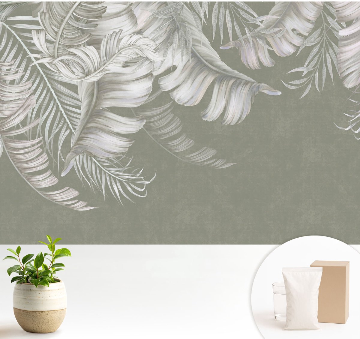 Wallfluent Fotobehang - Grijs Vliesbehang - 104x70 cm - Tere Bladeren Fotobehang Vlies - Hal behang Bloemen En Planten - Muurschildering - Woonkamer behang