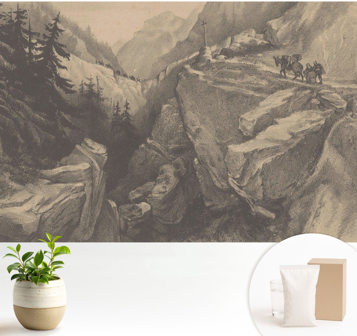 Wallfluent Fotobehang - Grijs Vliesbehang - 104x70 cm - Schilderachtige Bergen Fotobehang Vlies - Woonkamer behang Landschappen - Muurschildering - Hal behang