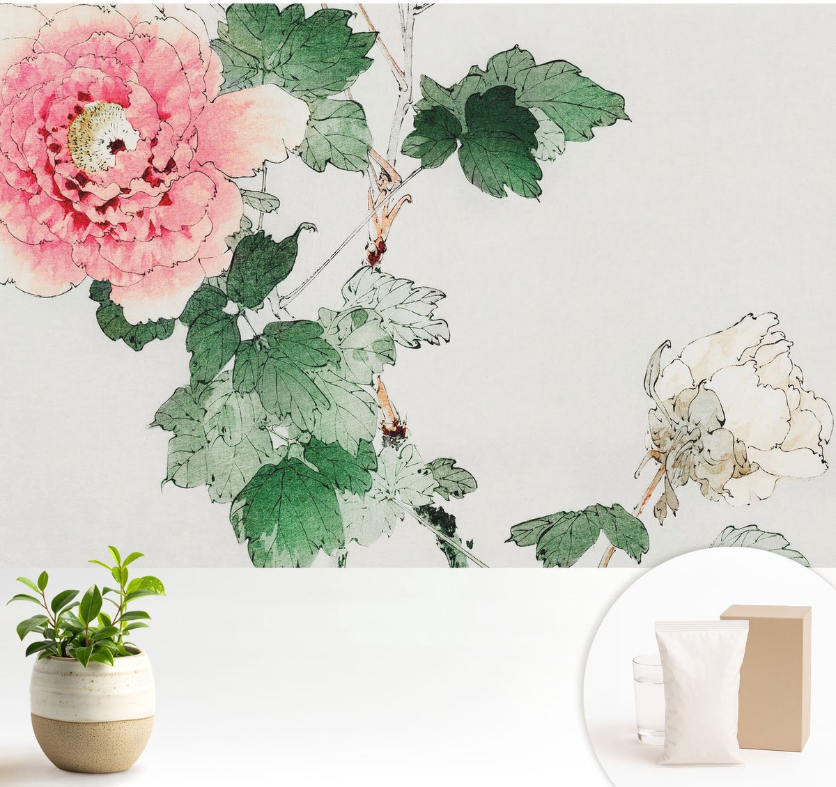 Wallfluent Fotobehang - Groente Vliesbehang - 104x70 cm - Subtiele Bloemen Fotobehang Vlies - Woonkamer behang Bloemen En Planten - Muurschildering - Woonkamer behang