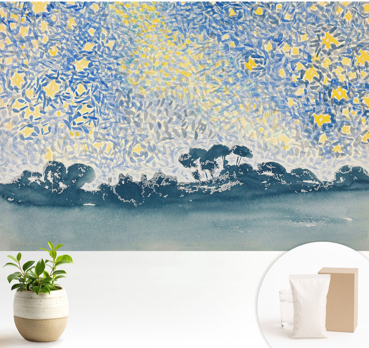 Wallfluent Fotobehang - Blauw Vliesbehang - 104x70 cm - Sterabstractie Fotobehang Vlies - Woonkamer behang Landschappen - Muurschildering - Hal behang