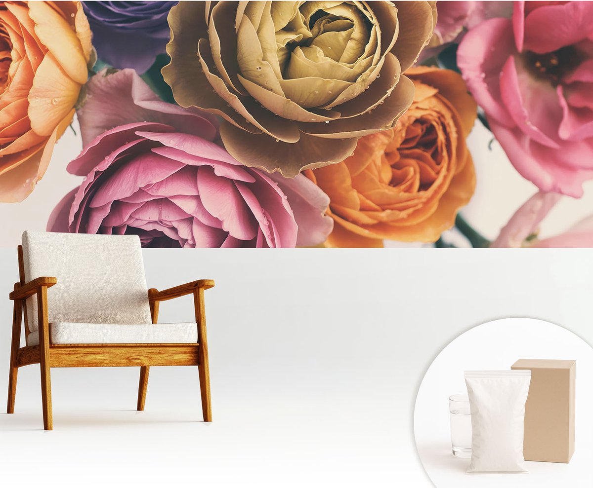 Wallfluent Fotobehang - Roze Vliesbehang - 250x104 cm - Kleurrijke Rozen Muurschildering - Gang behang Bloemen En Planten - Fotobehang Vlies - Gang behang