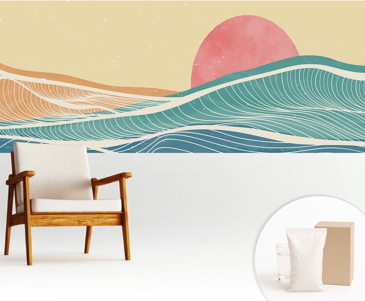 Wallfluent Fotobehang - Beige Vliesbehang - 250x104 cm - Zeegolven Muurschildering - Slaapkamer behang Landschappen - Fotobehang Vlies - Slaapkamer behang