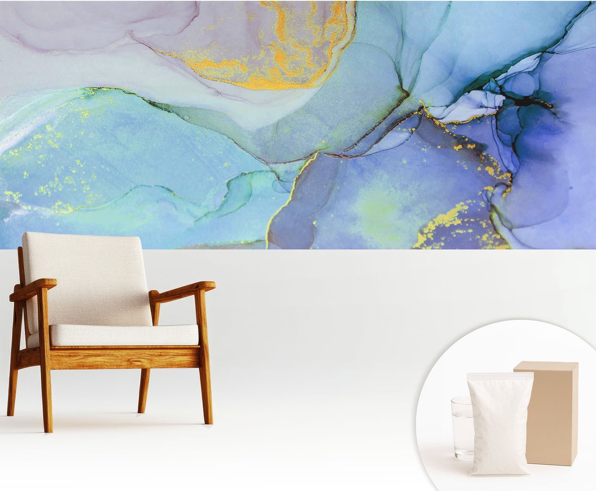 Wallfluent Fotobehang - Blauw Vliesbehang - 250x104 cm - Aquarelvormen Fotobehang Vlies - Hal behang Abstractie - Muurschildering - Hal behang