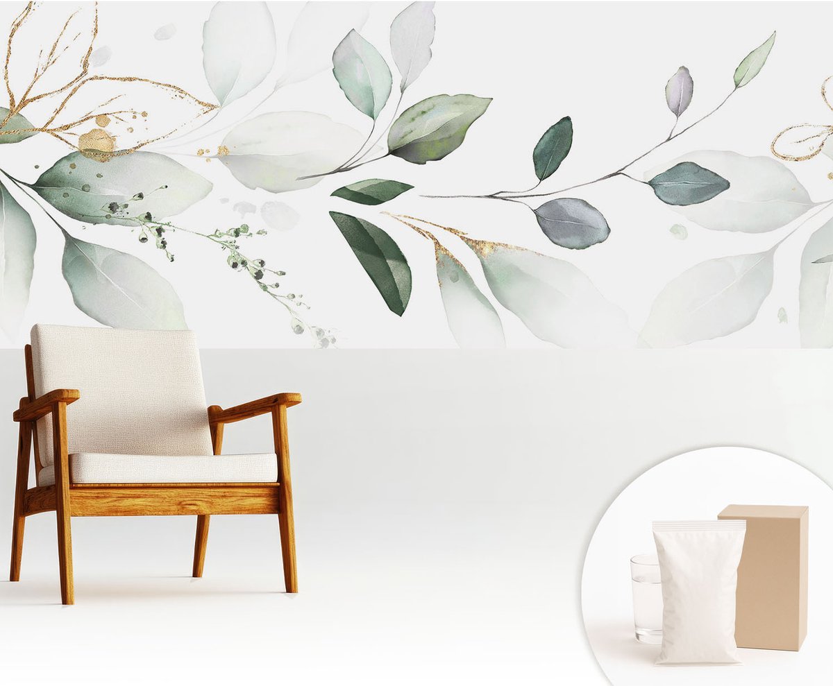 Wallfluent Fotobehang - Wit Vliesbehang - 250x104 cm - Groene Bladeren Fotobehang Vlies - Woonkamer behang Bloemen En Planten - Muurschildering - Hal behang