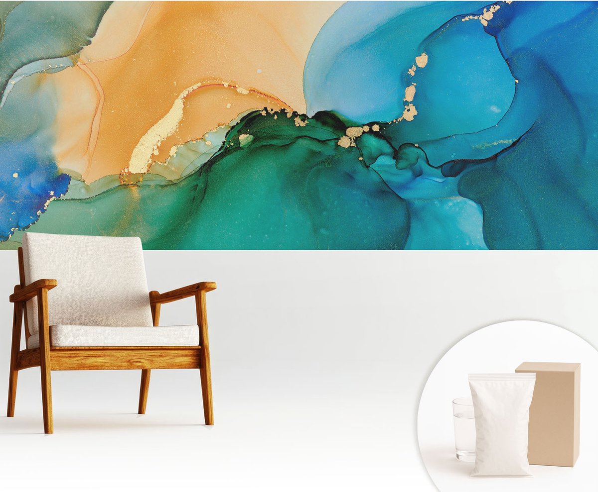 Wallfluent Fotobehang - Blauw Vliesbehang - 250x104 cm - Kleurrijke Golven Fotobehang Vlies - Hal behang Abstractie - Muurschildering - Woonkamer behang