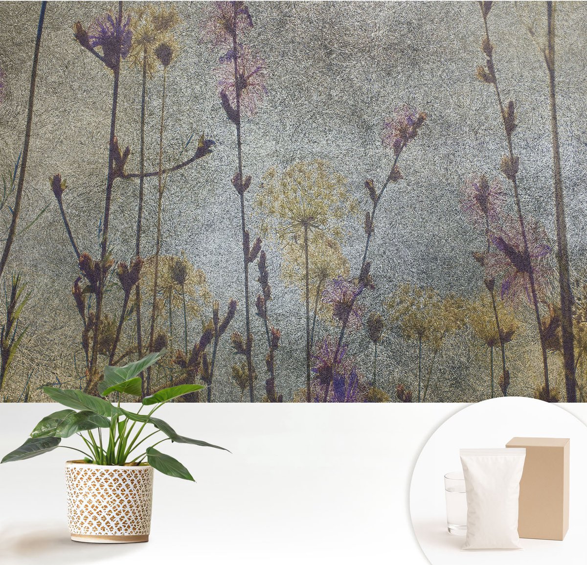 Wallfluent Fotobehang - Grijs Vliesbehang - 152x104 cm - Wilde Bloemen Muurschildering - Slaapkamer behang Bloemen En Planten - Fotobehang Vlies - Gang behang