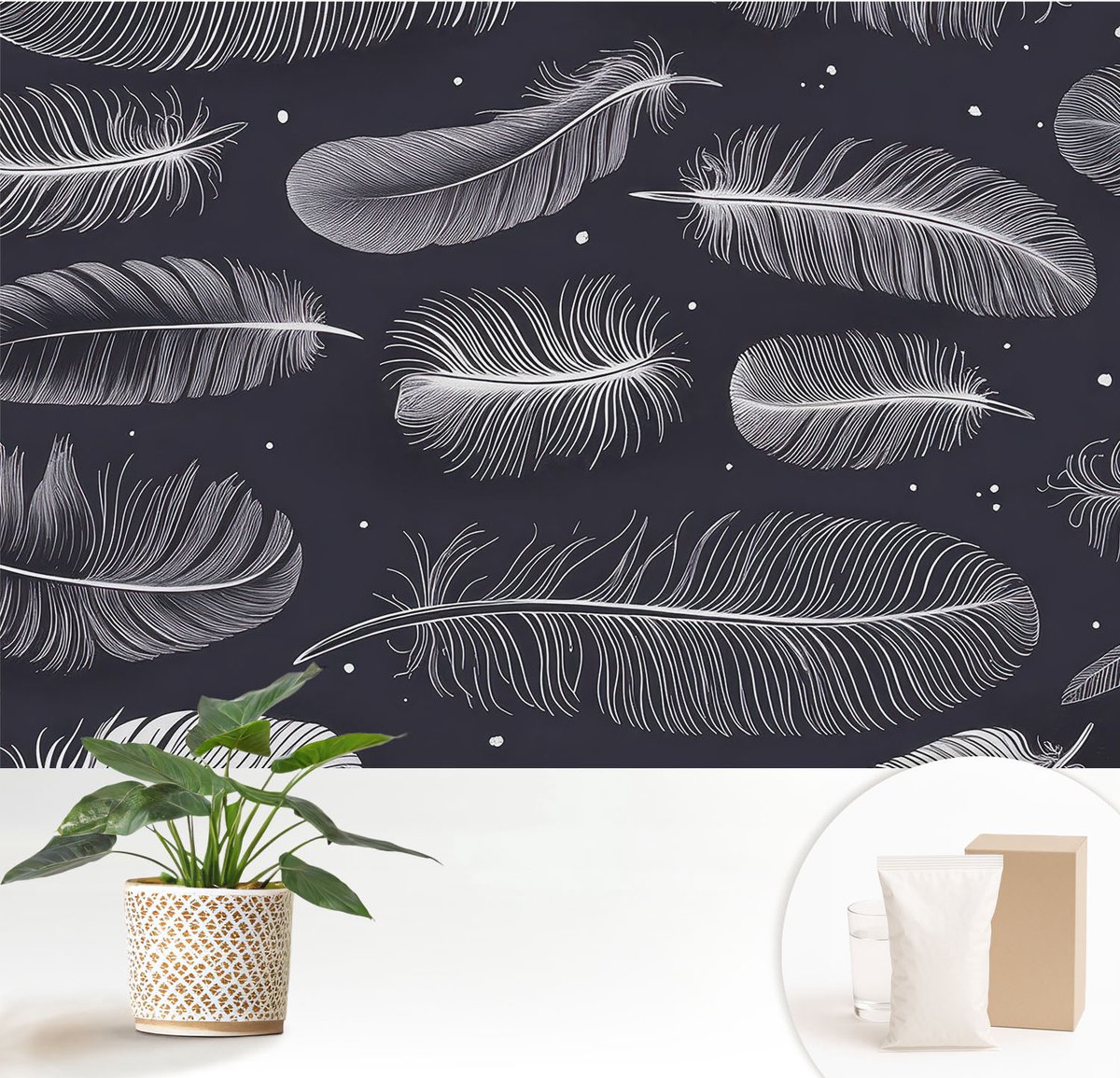 Wallfluent Fotobehang - Zwart-Wit Vliesbehang - 152x104 cm - Subtiele Veren Muurschildering - Gang behang Achtergronden En Patronen - Fotobehang Vlies - Slaapkamer behang