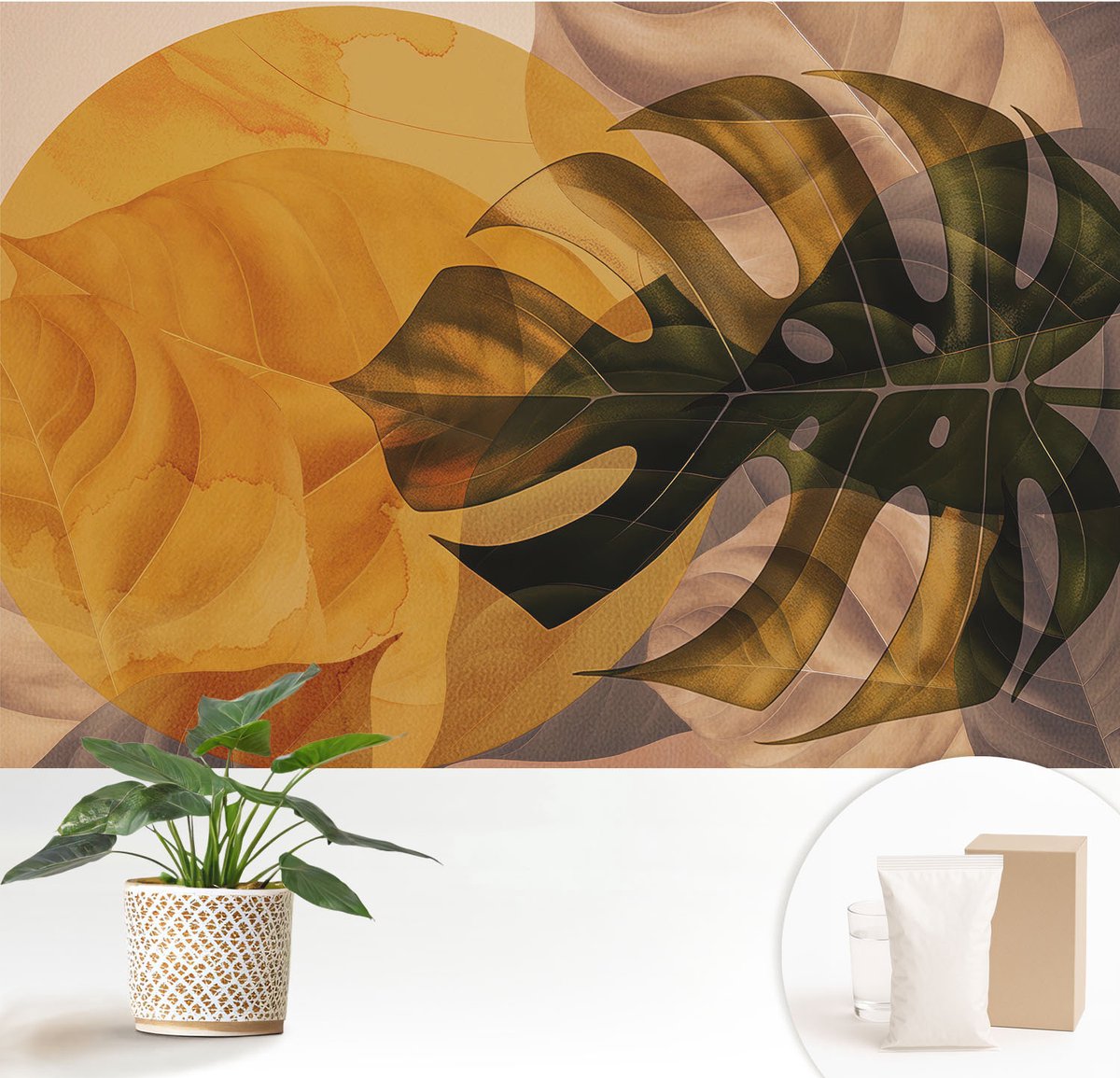 Wallfluent Fotobehang - Oranje Vliesbehang - 152x104 cm - Abstracte Bladeren Fotobehang Vlies - Hal behang Bloemen En Planten - Muurschildering - Woonkamer behang