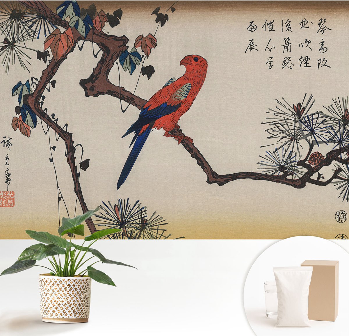 Wallfluent Fotobehang - Beige Vliesbehang - 152x104 cm - Een Vogel Op Een Tak Muurschildering - Slaapkamer behang Dieren - Fotobehang Vlies - Slaapkamer behang