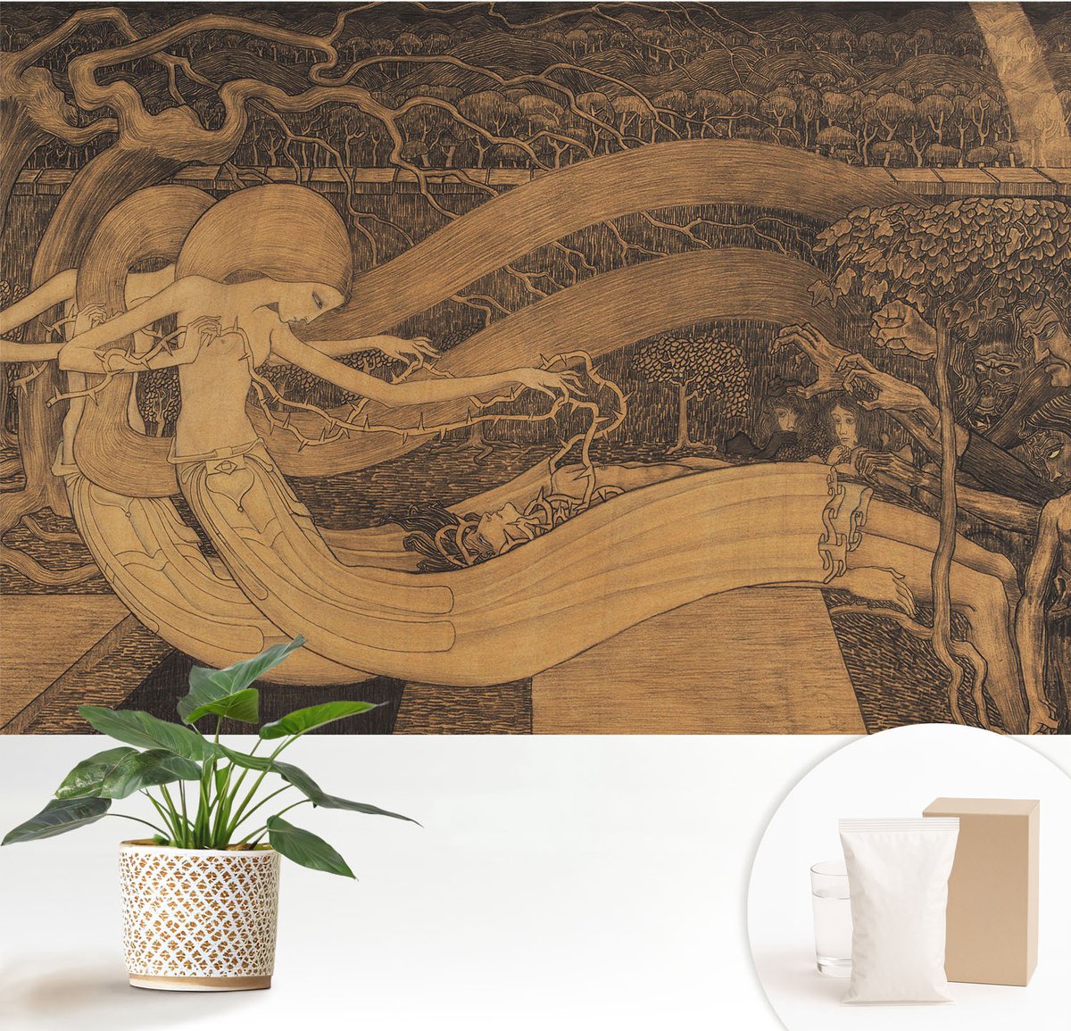 Wallfluent Fotobehang - Bruin Vliesbehang - 152x104 cm - Surrealistische Personages Muurschildering - Gang behang Deel - Fotobehang Vlies - Gang behang