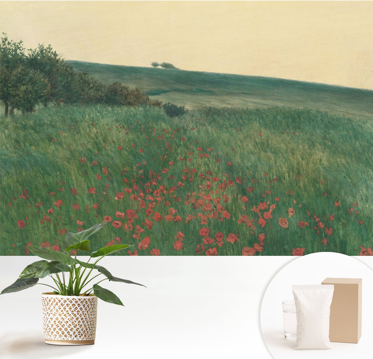 Wallfluent Fotobehang - Groente Vliesbehang - 152x104 cm - Papavervelden Muurschildering - Slaapkamer behang Landschappen - Fotobehang Vlies - Slaapkamer behang