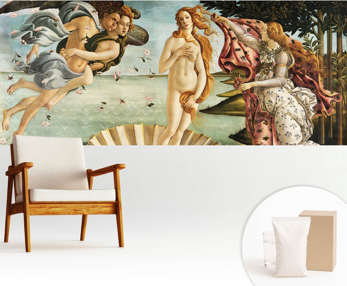 Wallfluent Fotobehang - Zwart Vliesbehang - 250x104 cm - De Geboorte Van Venus Fotobehang Vlies - Hal behang Deel - Muurschildering - Woonkamer behang