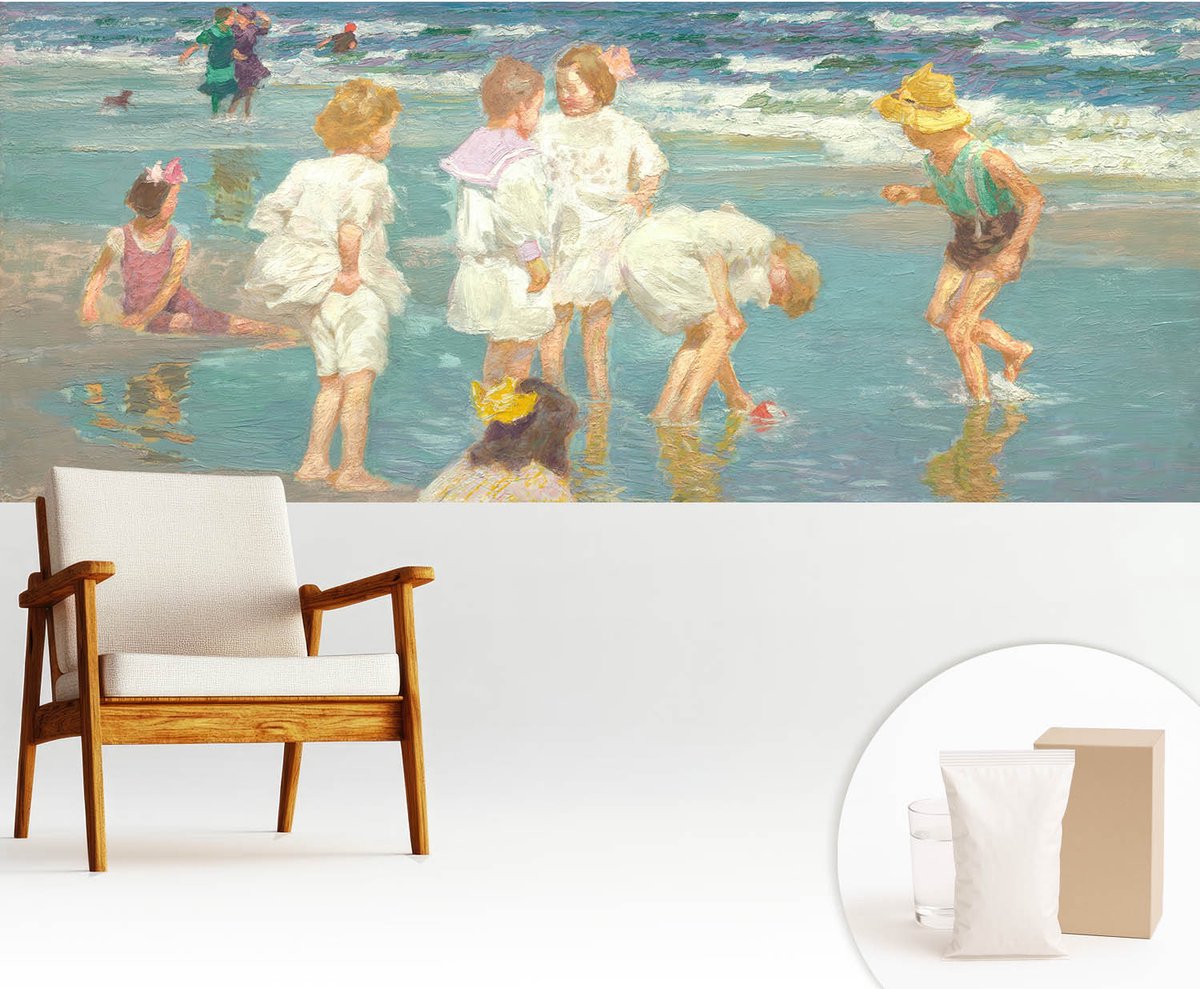 Wallfluent Fotobehang - Wit Vliesbehang - 250x104 cm - Jeugd Aan Het Strand Muurschildering - Slaapkamer behang Mensen - Fotobehang Vlies - Gang behang