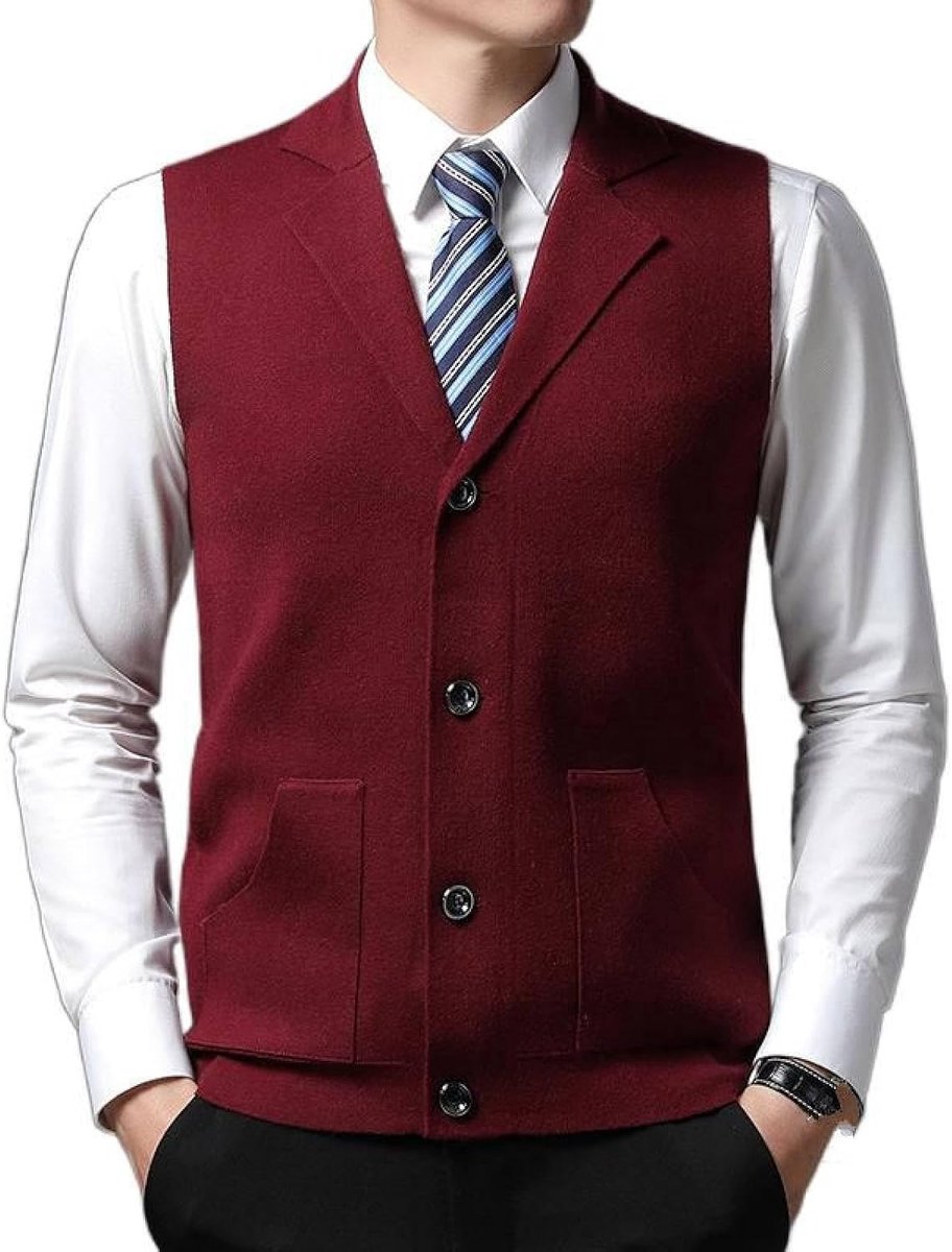 Herenvestvest Van Middelbare Leeftijd, Klassiek Dik Pakkraag Gebreid Vest Zijnaadzak Effen Kleur Mouwloos Vest, Zakelijk Herengebreid Vest Truivest Tanktops,Rood,S