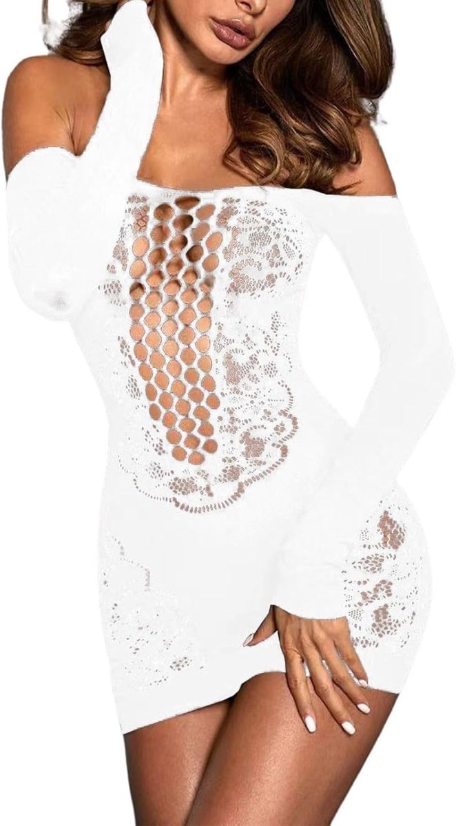 Visnet mini-jurk voor dames, schoudervrij, bodycon, babydoll, lange mouwen, lingerie, partyjurk, transparante negligees, holle, prikkelende lingerie, nachthemd, elastisch, korte nachtjurk, hot