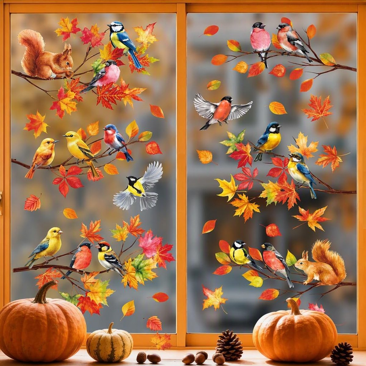 Raamstickers, pvc, herbruikbaar, 6 stuks, herfst, esdoornbladeren en kwastjes, stickers voor ramen, 30 x 20 cm