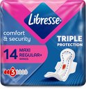 Verpakking Libresse Maandverband Maxi Normal Wing 14 stuks. Drievoudige bescherming.