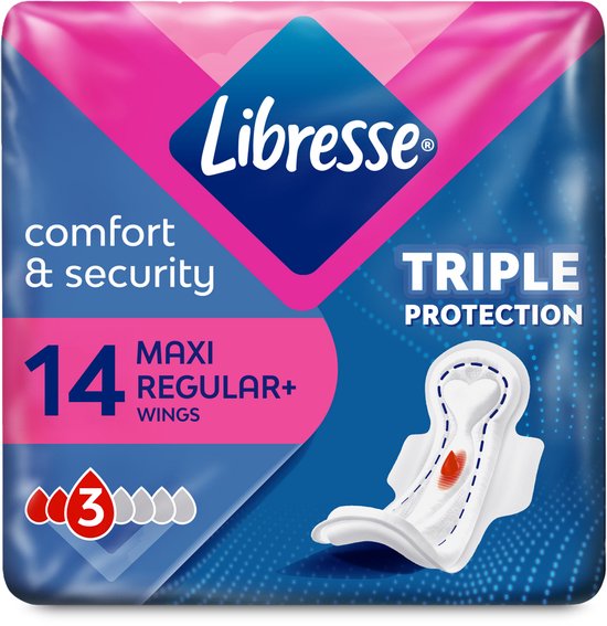 Verpakking Libresse Maandverband Maxi Normal Wing 14 stuks. Drievoudige bescherming.