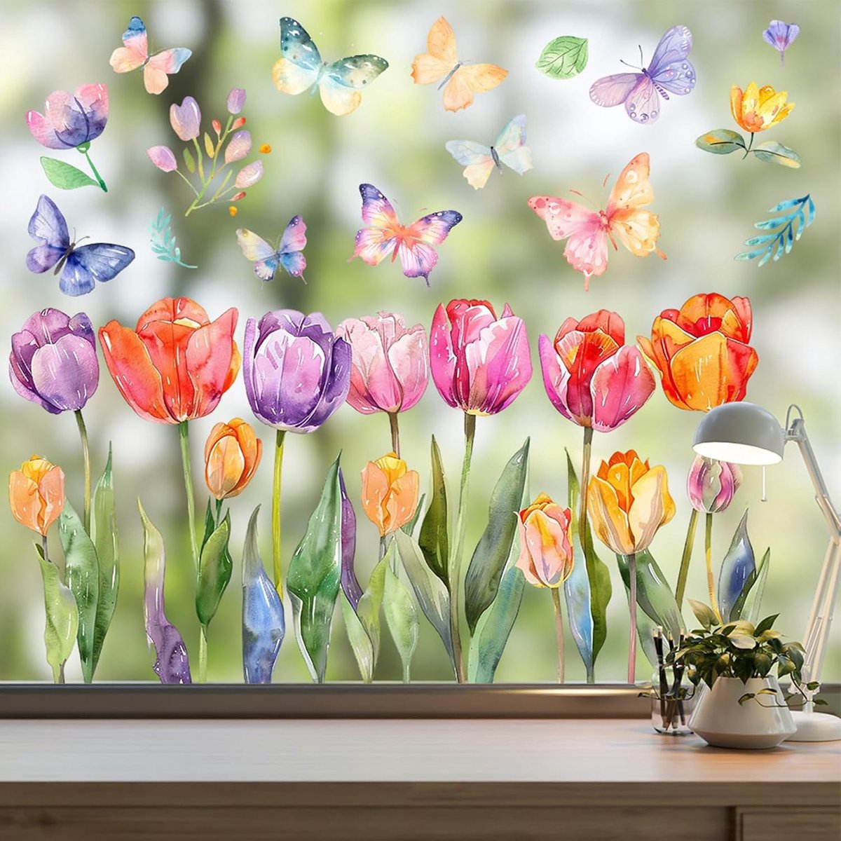 Raamstickers, lente, raamstickers, bloemen, raamafbeeldingen, vlinders, zelfklevend, raamdecoratie, plakken, 8 stuks, 83 stuks, voor kinderen, herbruikbaar