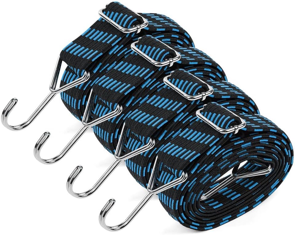 Bungeekoorden, 3 cm Brede Platte Bungeekoorden Met Haken, 4 Stuks, Premium Elastische Bagage Bungee-Riemen – Geschikt Voor Fietsen, Kamperen, Auto, Dakdrager En Dekzeilbevestiging.
