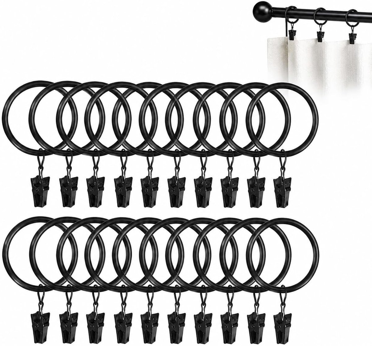 Gordijnringen met klem 20 stuks Ø32 mm – Zwarte metalen open ringen – Geschikt voor douchegordijnen en gewone gordijnstangen, duurzaam, eenvoudig te monteren, modern en multifunctioneel