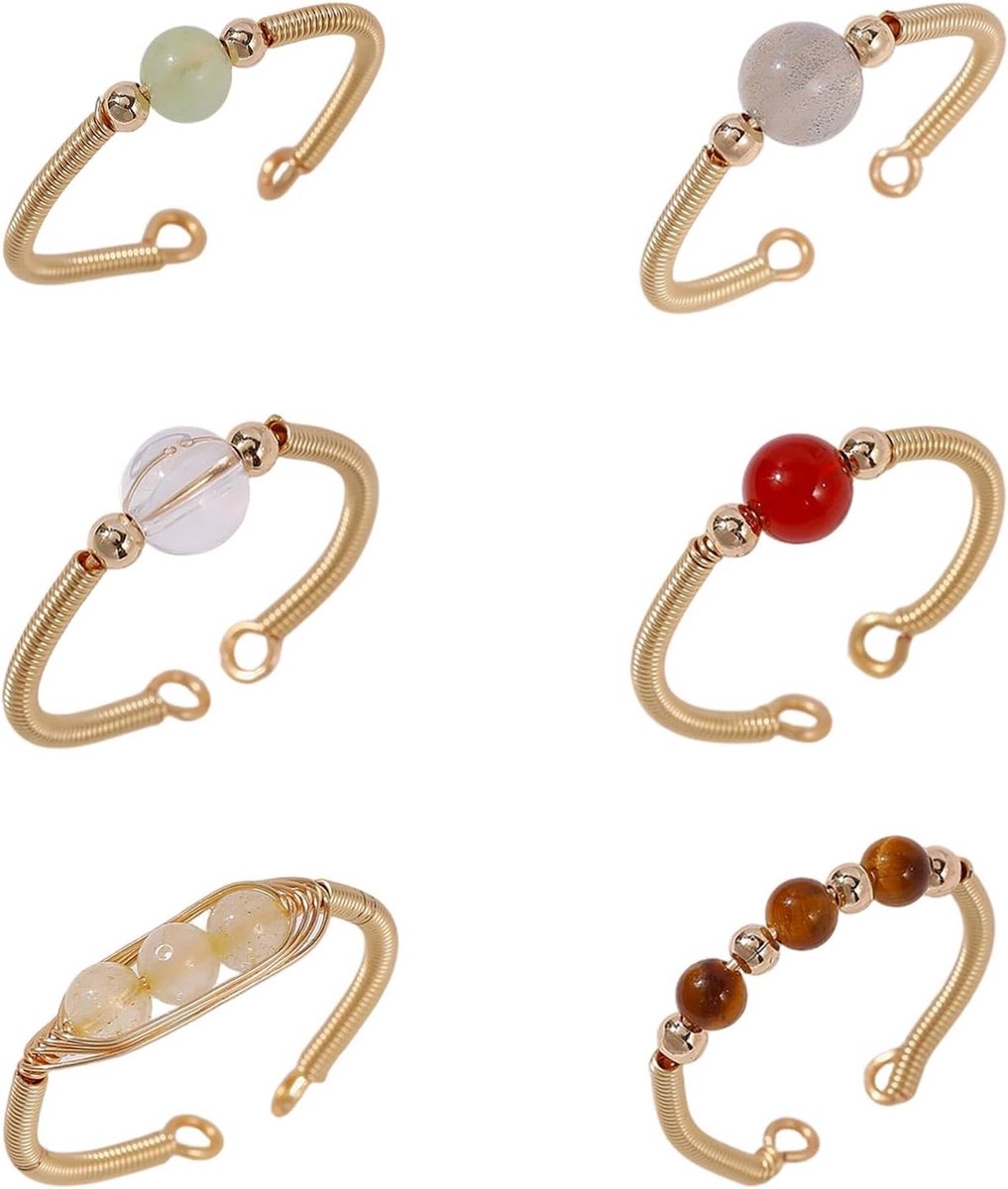 Set van 6 verstelbare gouddraad omwikkelde ringen met natuursteen, gemengde edelstenen, dames, goud, legering, jade, rutielkwarts, maansteen, kristal, carneol, tijgeroog