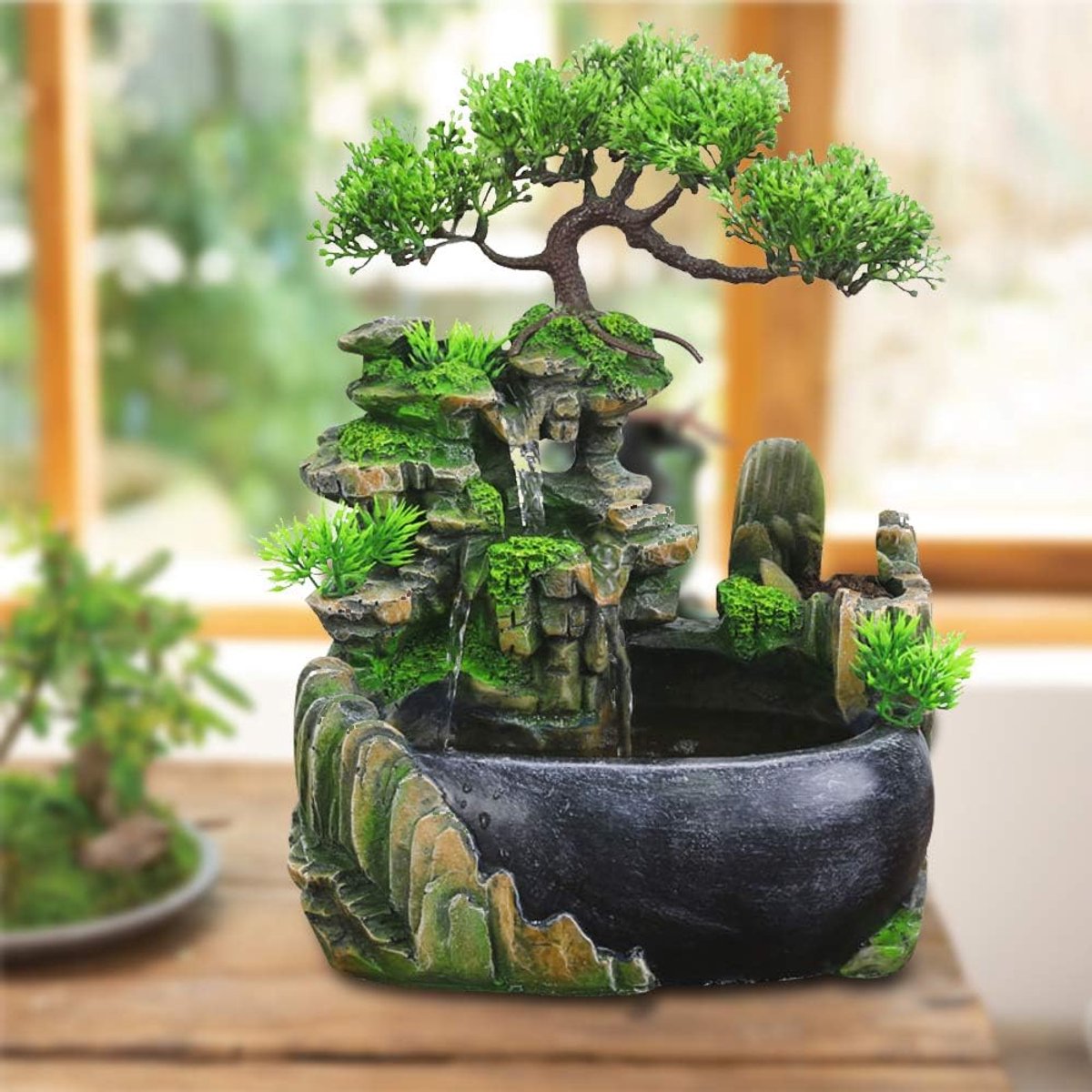 Kamerfontein met LED, woonkamer, waterval, tafelfontein, rotstuin, waterfontein, bureau, Chinees, Fengshui, waterval, tafelblad, bonsai, ornament, groene planten, kamerfontein (D)