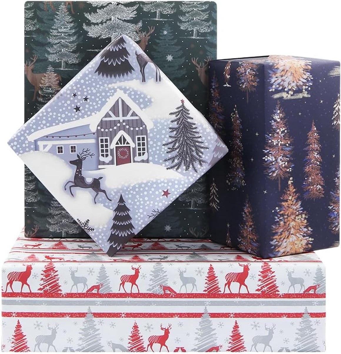 Cadeaupapier voor kerstfeest, herten, kerstboom, sneeuwvlok, vrolijk kerstfeest, inpakpapier voor familie, vrienden, kinderen, kerstvakantie