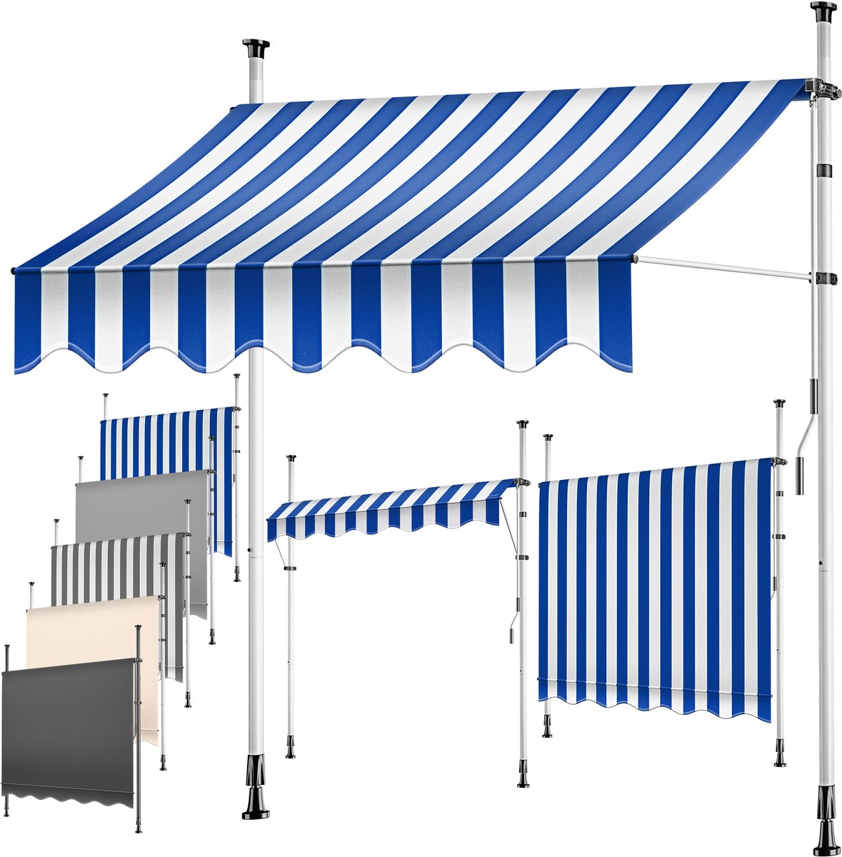 KESSER® Klemluifel met handslinger - Balkonluifel zonder boren - UV-bestendig - Blauw/Wit 350 cm