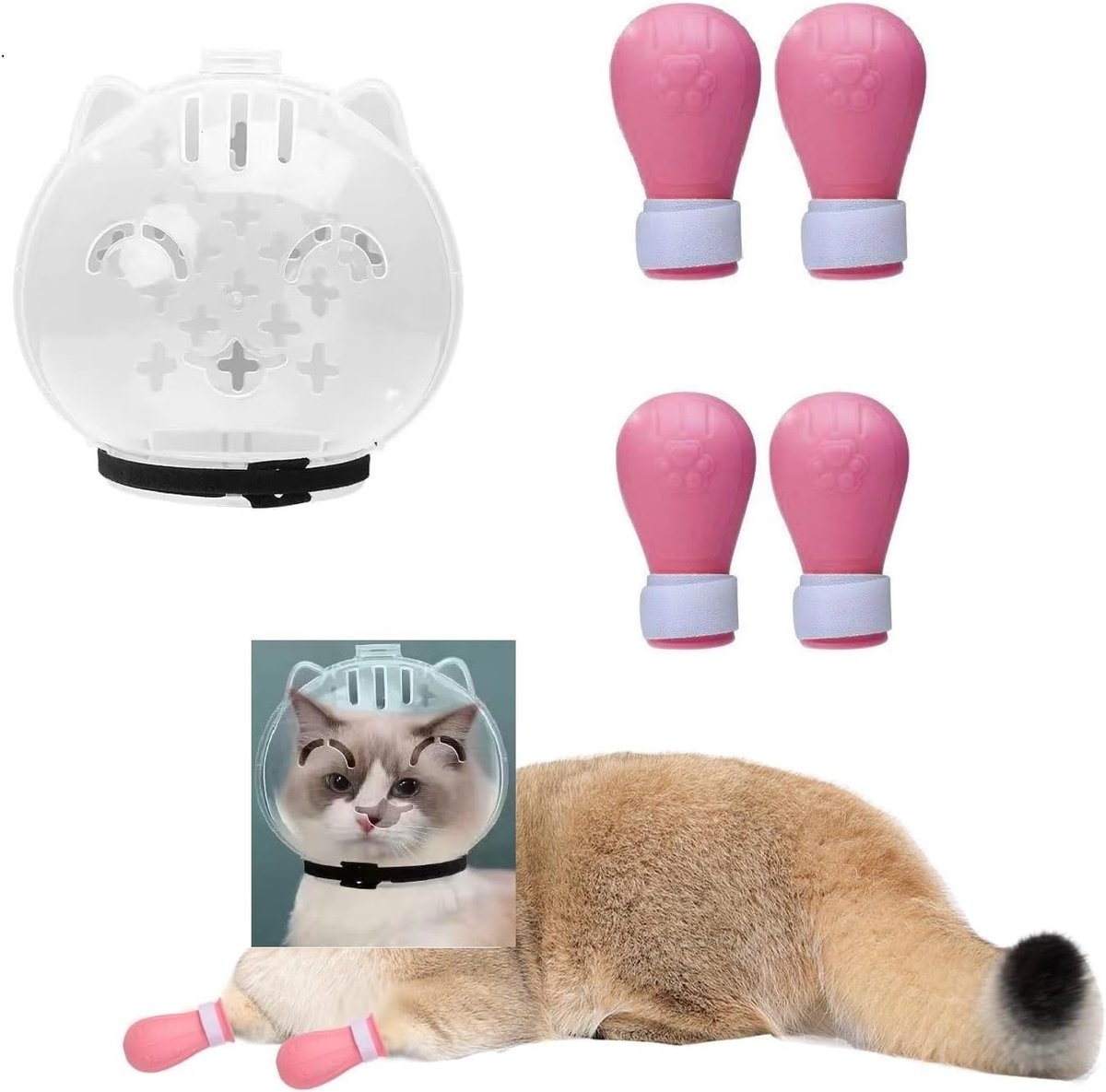 Kattenmuilkorf en laarzen set, verstelbare snuit met capuchon en 4 siliconen schoenen, voor bad en toilet (roze)