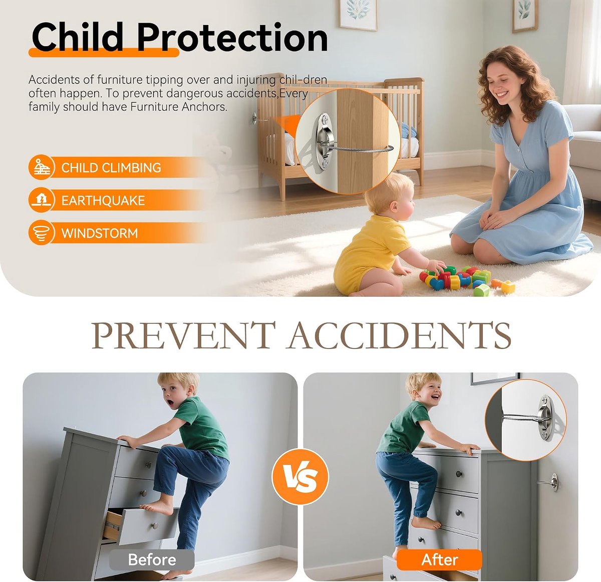 8 stuks anti-tip meubelankers voor babyproofing, meubelmuuranker die 400 lbs vastzetten voor veiligheid van kinderen, aardbevingsbestendige riemen voor dressoir, bureau, kledingkast (8 stuks zilver)