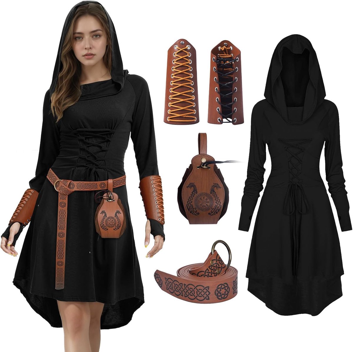 4 stuks renaissance-kostuum voor dames, gothic, middeleeuwse kleding, capuchonjurk met korset voor Halloween-feestjes