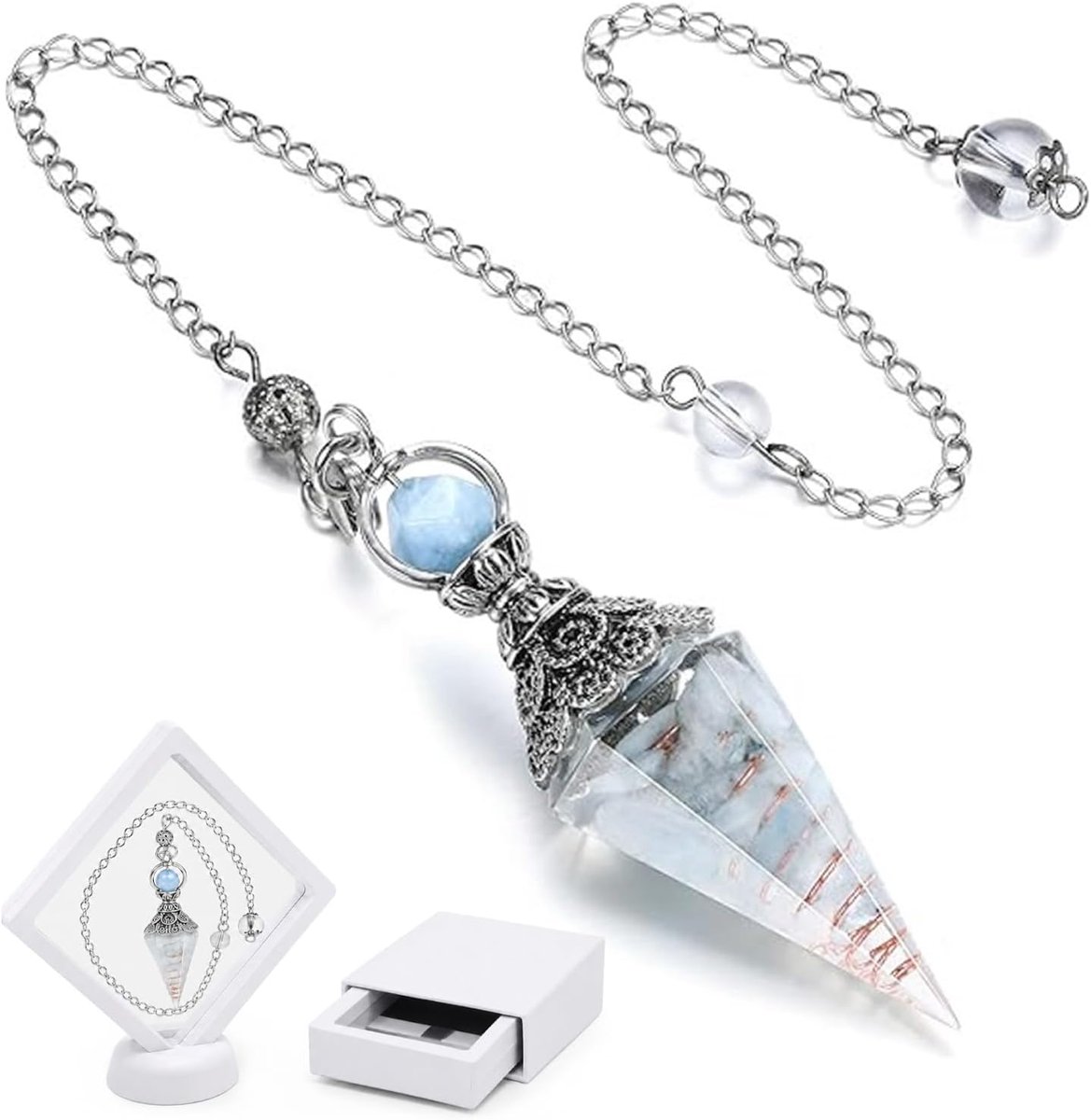 1 stuks pendel aquamarijn, slinger van hars, aquamarijnkristal, met witte opbergdoos, helende steen voor esoterij, reiki, waarzeggerij, meditatie, cadeau, 23 cm