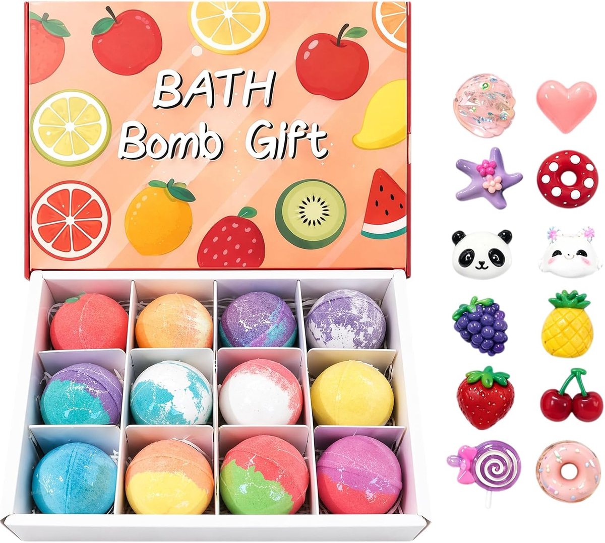 Badbom met verrassingsgeschenkdoos, 12 stuks biologische badballen, kleurrijke badballen met bruiseffect, natuurlijke ingrediënten, zeepbellen, huidvriendelijk, zacht, grappige badervaring voor