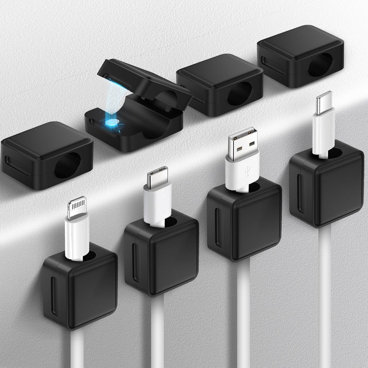 SnelShoppen - 8 Stuks Kabelhouders, Zelfklevende Kabelclips, Magnetische Kabelorganizer voor Bureau, Power Cord, USB Oplaadkabel, Zwart
