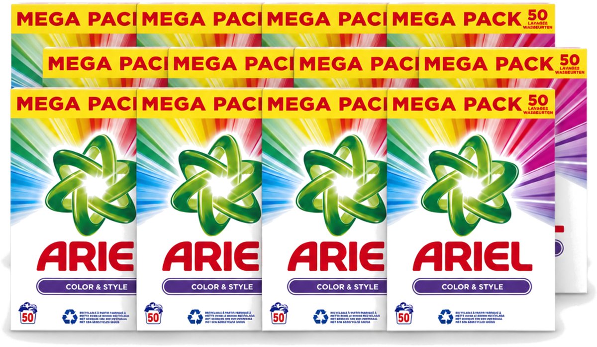 12 x Ariel Color & Style - Waspoeder - Gekleurde Was - 50 Wasbeurten - Voordeelverpakking - 12 stuks