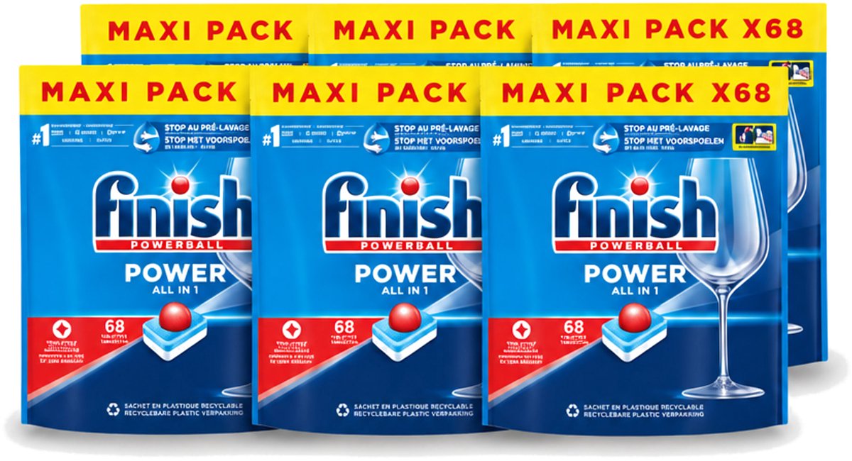 6 x Finish Powerball - Power All in 1 - Vaatwastabletten - Reiniging & Glans - 68 Tabletten - Voordeelverpakking - 6 stuks