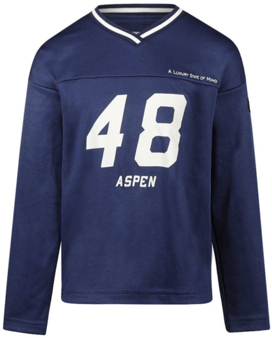 Voorkant van een blauw longsleeve shirt met V-hals, tekst '48 ASPEN' en 'A LUXURY STATE OF MIND' in het wit.