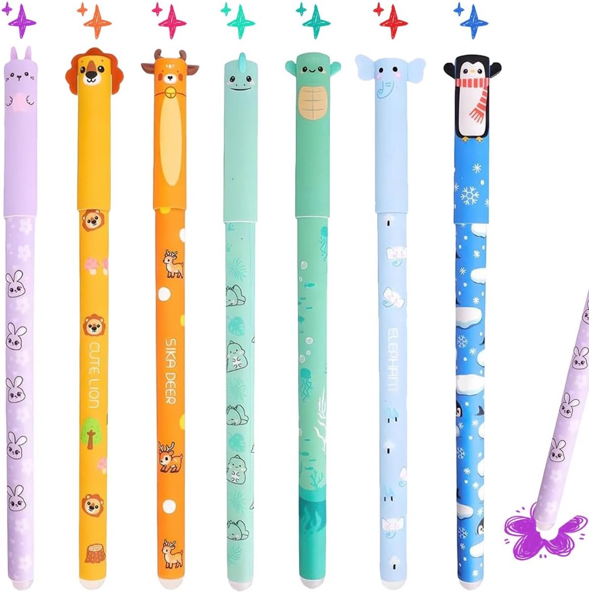 Uitwisbare balpennen 0,5 mm - set van 7 met dierenmotieven - inclusief gum - perfect voor creatief schrijven - ShopVlot