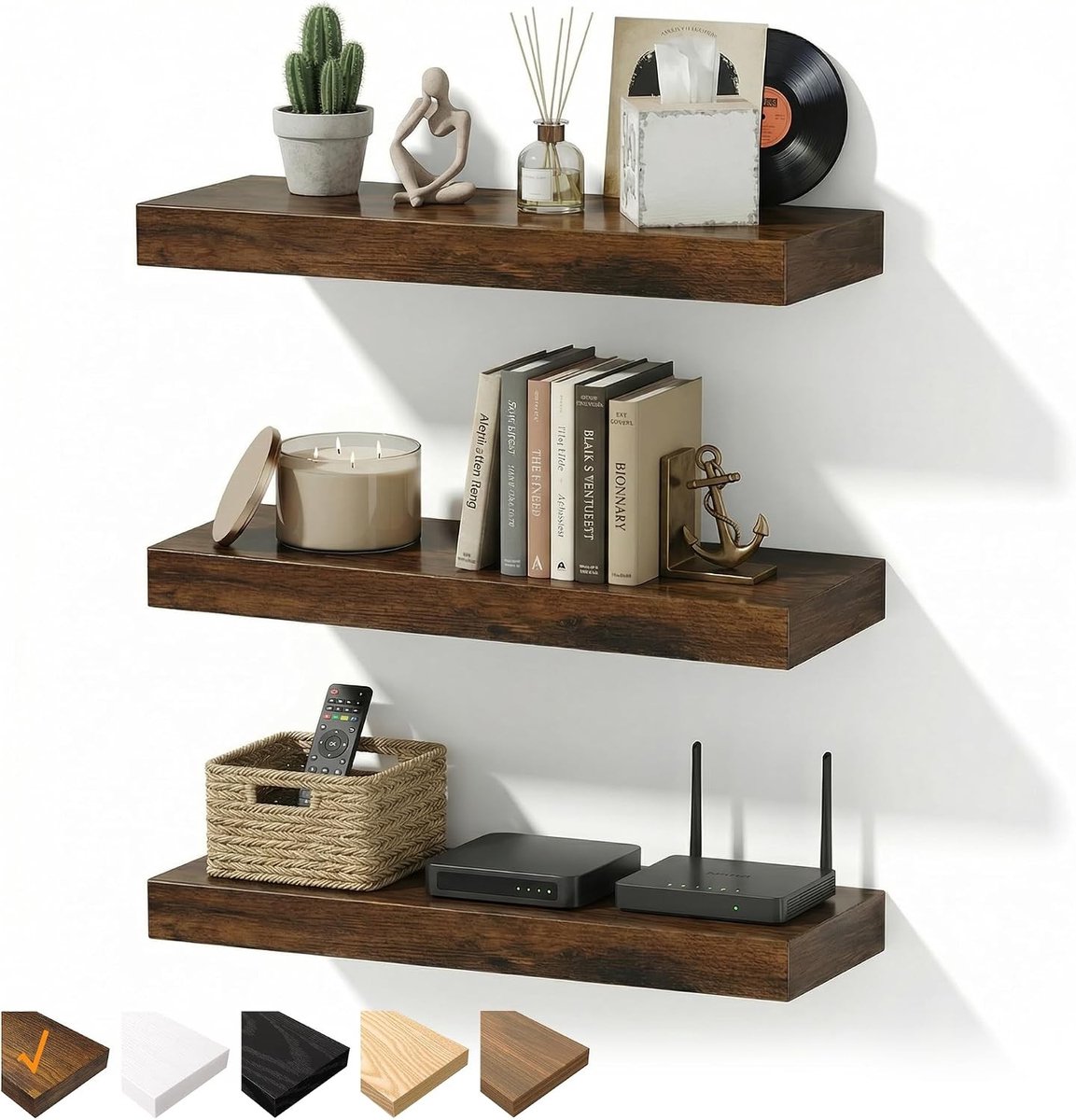 Wandplanken Set van 3, 40 cm Bruine Zwevende Planken met Onzichtbare Steunen, MDF Wandplank voor Badkamer, Slaapkamer, Kantoor en Woonkamer, 40 x 23.5 x 3.8 cm