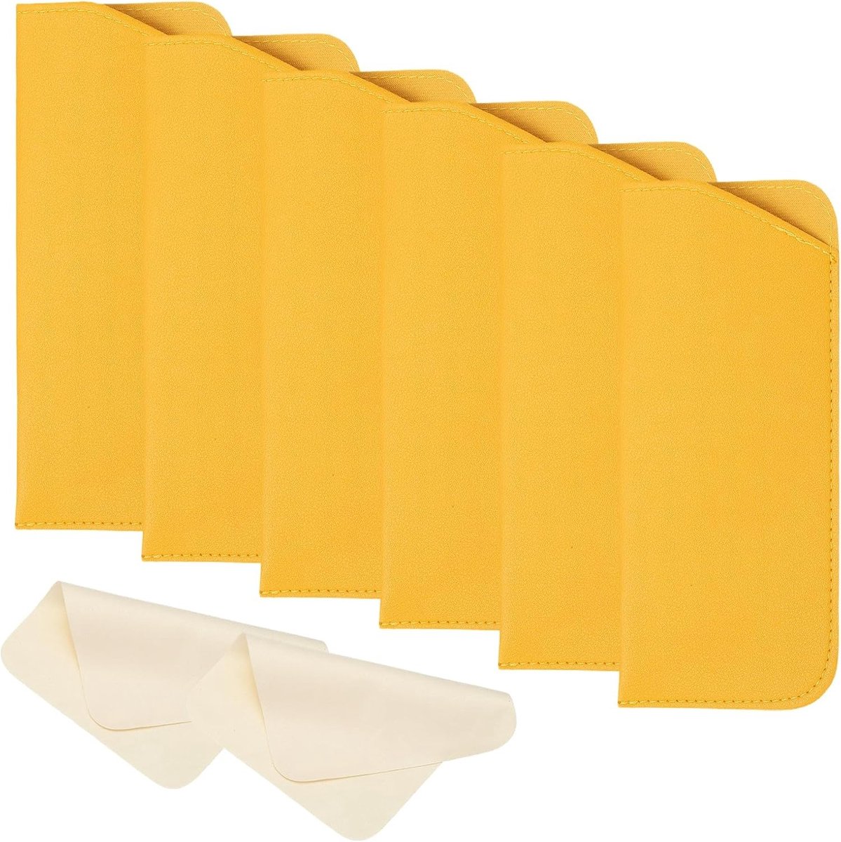 6 Draagbare brillenkokers van leer, 3 x 6,9 cm, met 2 reinigingsdoekjes voor zonnebrillen en brillen, geel