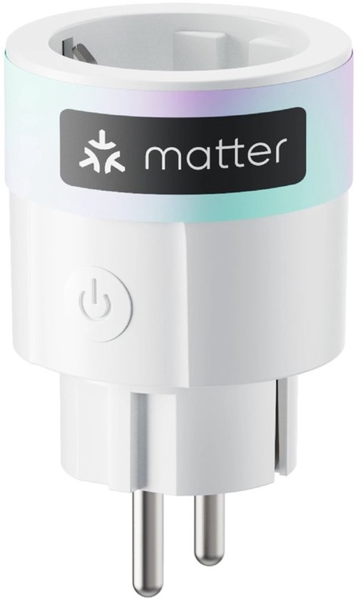 Witte SwitchBot Matter-stekker met aan/uit-knop en Matter-label.
