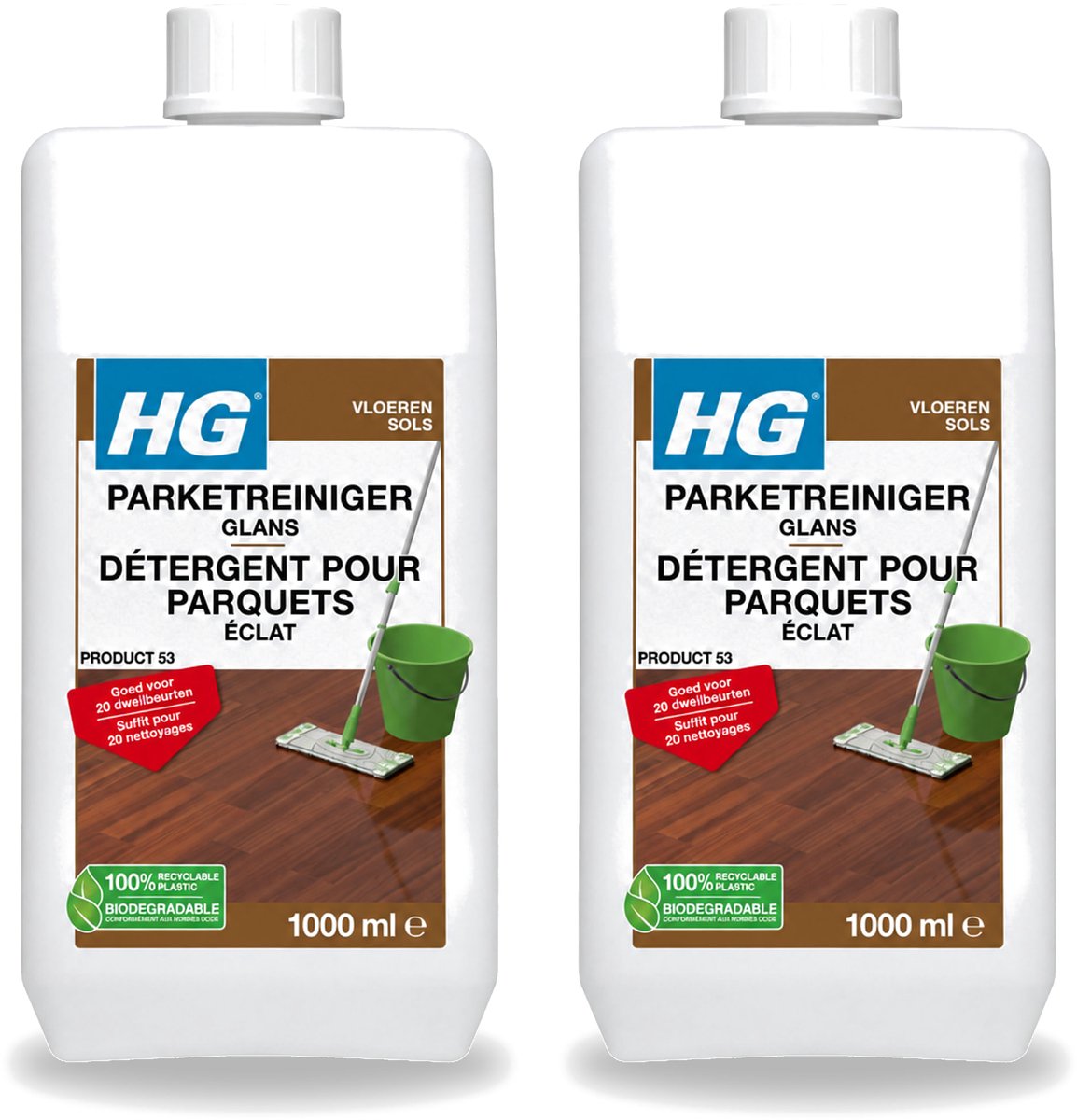 2 x HG - Vloeren - Parketreiniger Glans - 20 Dweilbeurten - 1L - Voordeelverpakking - 2 stuks