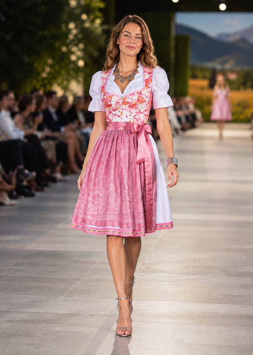Harmony 2-delige Dirndl (jurk + schort) in Roze/Beige/Gebroken Wit