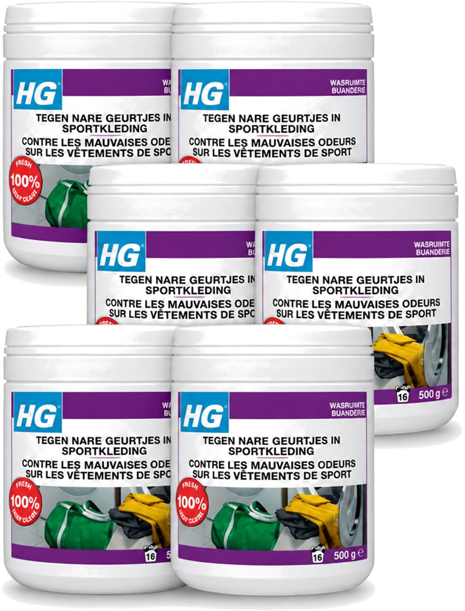 6 x HG - Wasruimte - Tegen Nare Geurtjes In Sportkleding - Wasmiddeltoevoeging - 500 g - Voordeelverpakking - 6 stuks